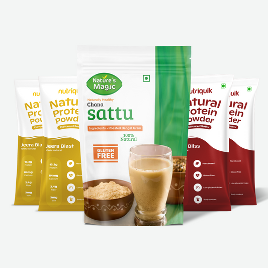 Combo: 1 Pack Nature's Magic Chana Sattu + 2 Pack Nutriquik Jeera Blast + 2 Pack Kesar Bliss